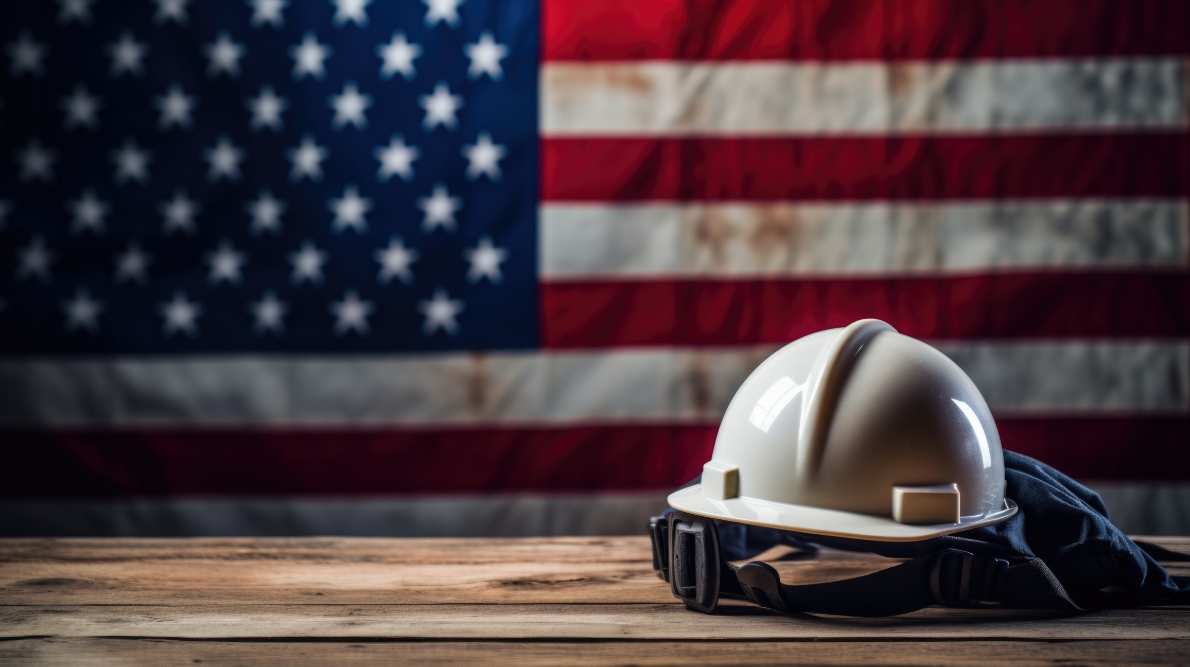 Hard hat and safety goggles resting on wood in front of an American flag